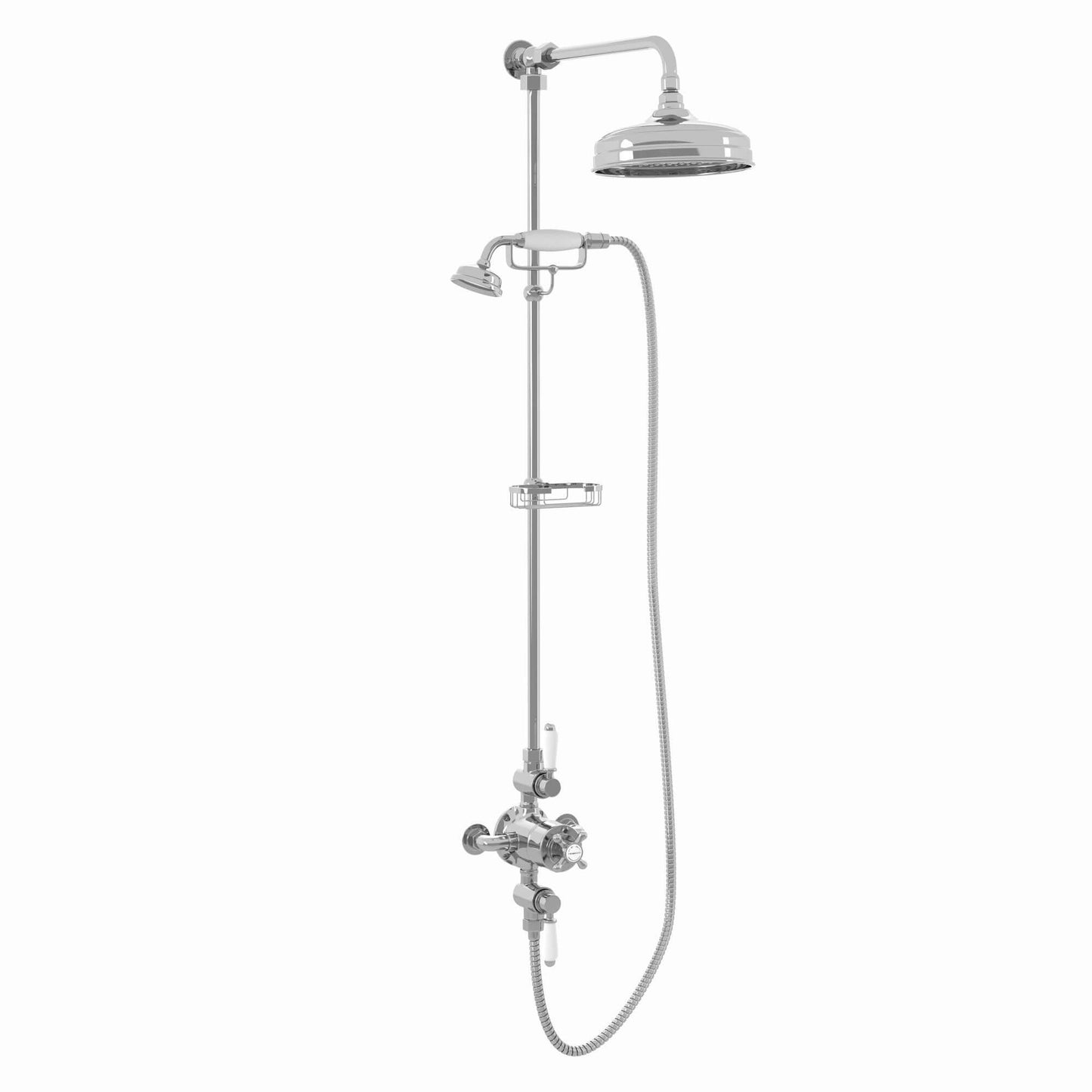 Buy Downton Exposed Traditional Thermostatic Shower Set 2 Outlet, Incl. Triple Shower Valve, Rigid Riser Rail, 200mm Shower Head, Telephone Style Ceramic Handset & Caddy - Chrome Online UK | HOUSE OF ENKI