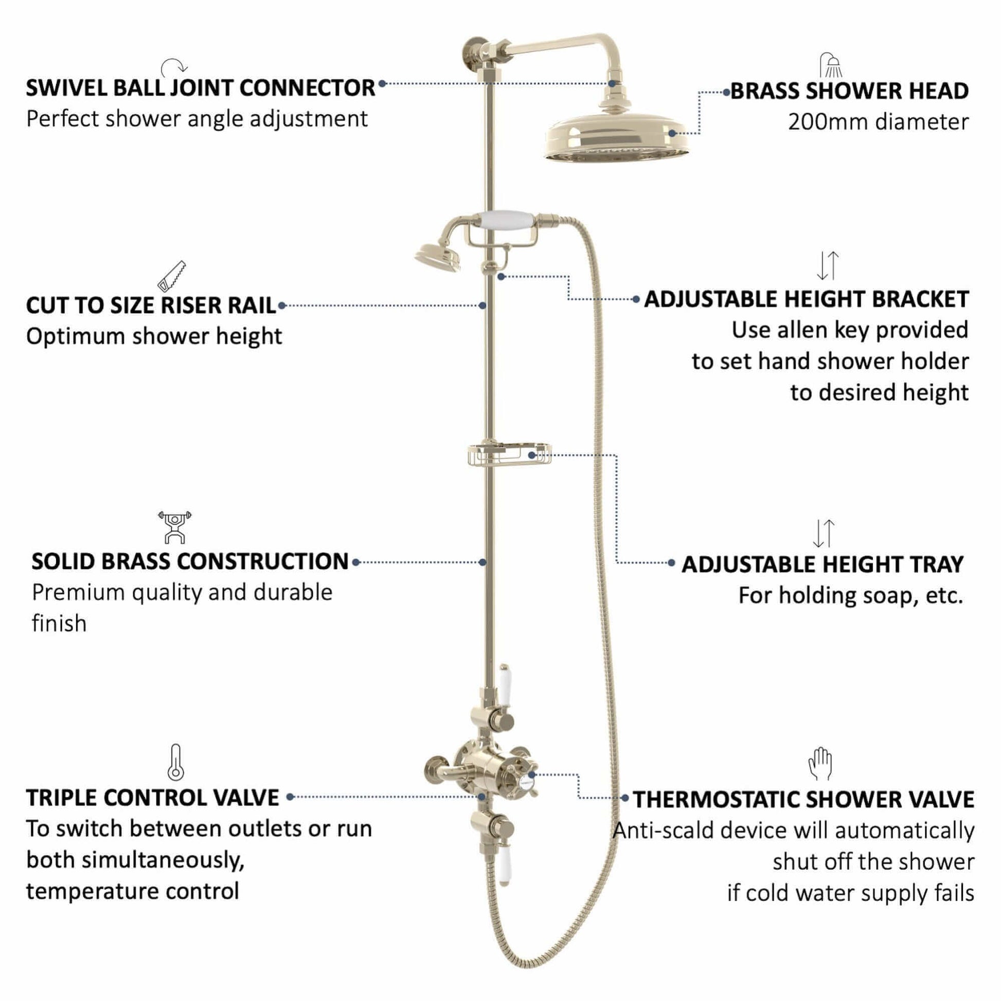 Buy Downton Exposed Traditional Thermostatic Shower Set 2 Outlet, Incl. Triple Shower Valve, Rigid Riser Rail, 200mm Shower Head, Telephone Style Ceramic Handset & Caddy - Gold Online UK | HOUSE OF ENKI