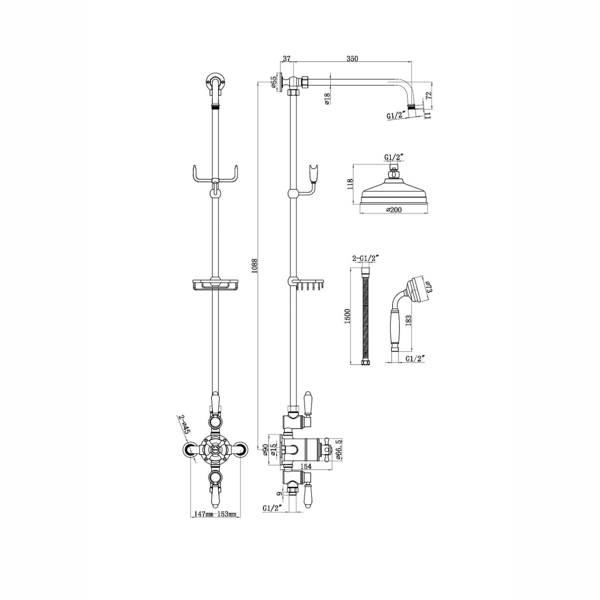 Buy Downton Exposed Traditional Thermostatic Shower Set 2 Outlet, Incl. Triple Shower Valve, Rigid Riser Rail, 200mm Shower Head, Telephone Style Ceramic Handset & Caddy - Gold Online UK | HOUSE OF ENKI