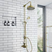 Downton Exposed Traditional Thermostatic Shower Set 2 Outlet Incl. Twin Shower Valve With Diverter, Rigid Riser Rail, 200mm Shower Head & Ceramic Handset - Antique Bronze And White - Showers