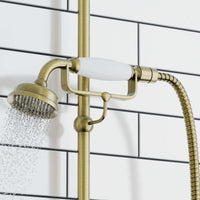 Downton Exposed Traditional Thermostatic Shower Set 2 Outlet, Incl. Triple Shower Valve, Rigid Riser Rail, 200mm Shower Head, Telephone Style Ceramic Handset & Caddy - Antique Bronze And White - Showers