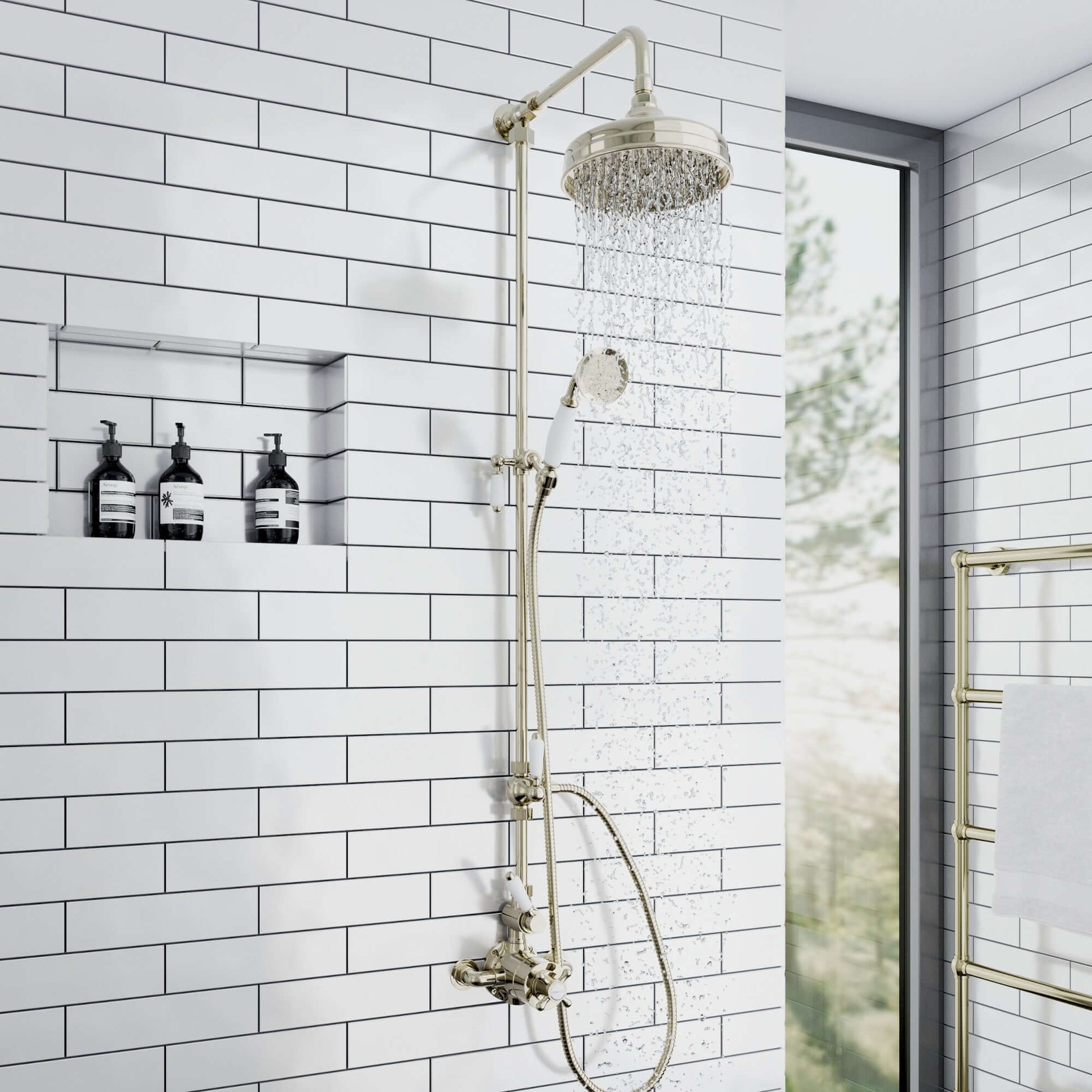 Downton Exposed Traditional Thermostatic Shower Set 2 Outlet Incl. Twin Shower Valve With Diverter, Rigid Riser Rail, 200mm Shower Head & Ceramic Handset - English Gold And White - Showers