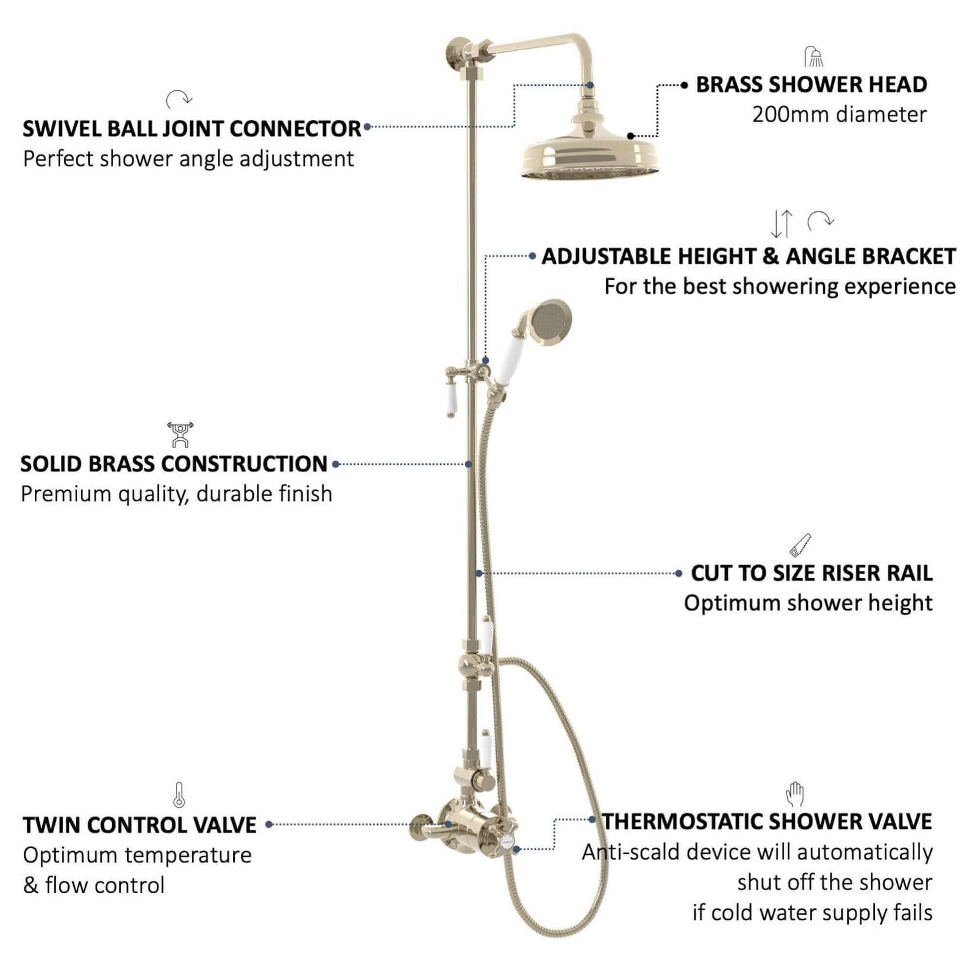 Buy Downton Exposed Traditional Thermostatic Shower Set 2 Outlet Incl. Twin Shower Valve With Diverter, Rigid Riser Rail, 200mm Shower Head & Ceramic Handset - Gold Online UK | HOUSE OF ENKI
