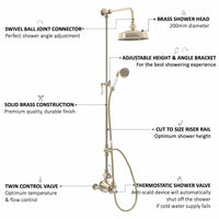 Buy Downton Exposed Traditional Thermostatic Shower Set 2 Outlet Incl. Twin Shower Valve With Diverter, Rigid Riser Rail, 200mm Shower Head & Ceramic Handset - Gold Online UK | HOUSE OF ENKI