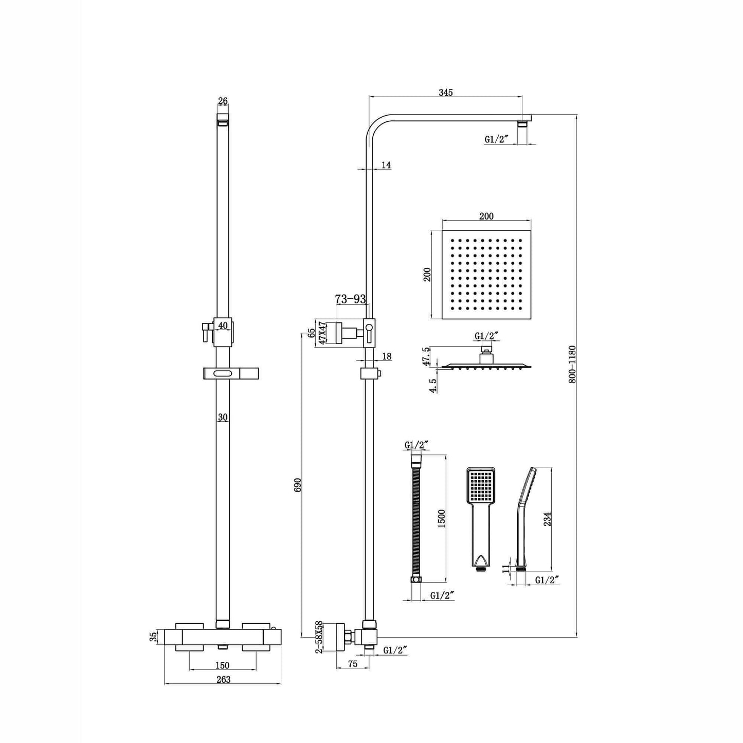 Buy Enzo square thermostatic shower set two outlet with ultra slim 200mm shower head and handheld - matt black Online UK | HOUSE OF ENKI