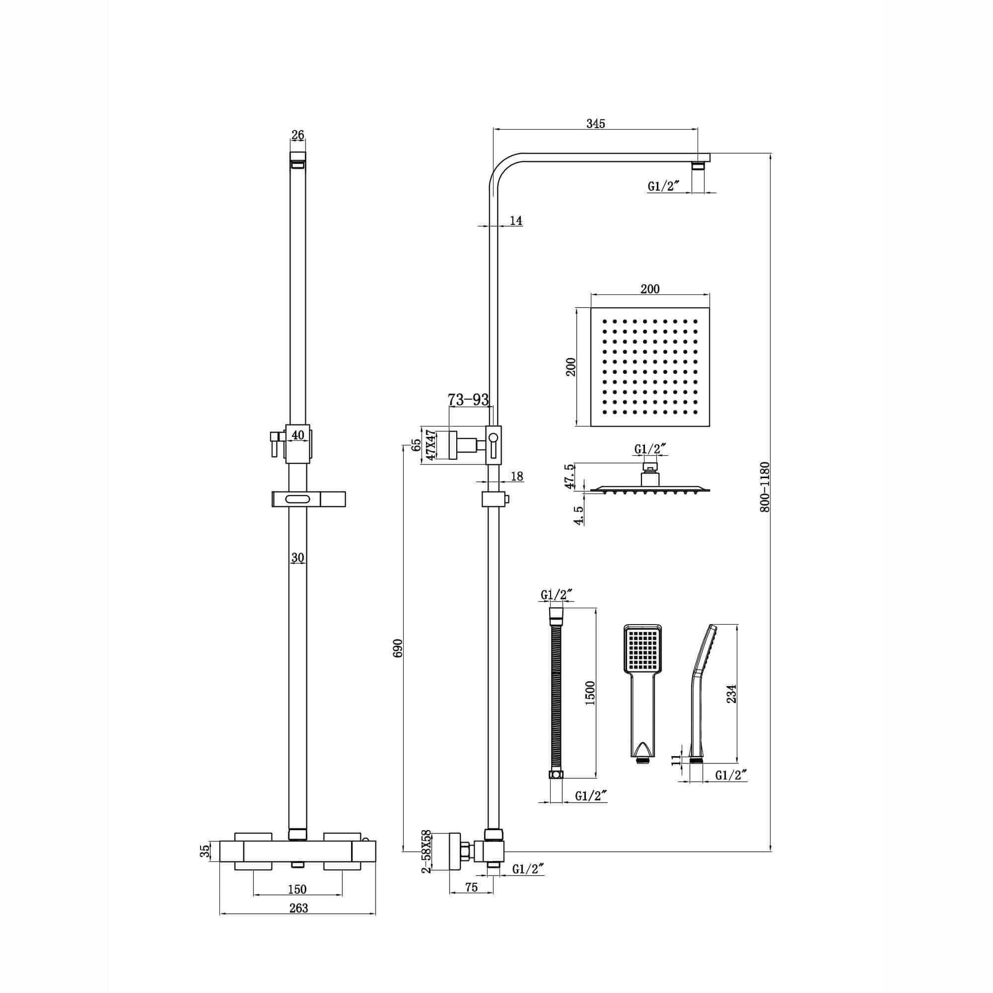 Buy Enzo square thermostatic shower set two outlet with ultra slim 200mm shower head and handheld - matt black Online UK | HOUSE OF ENKI
