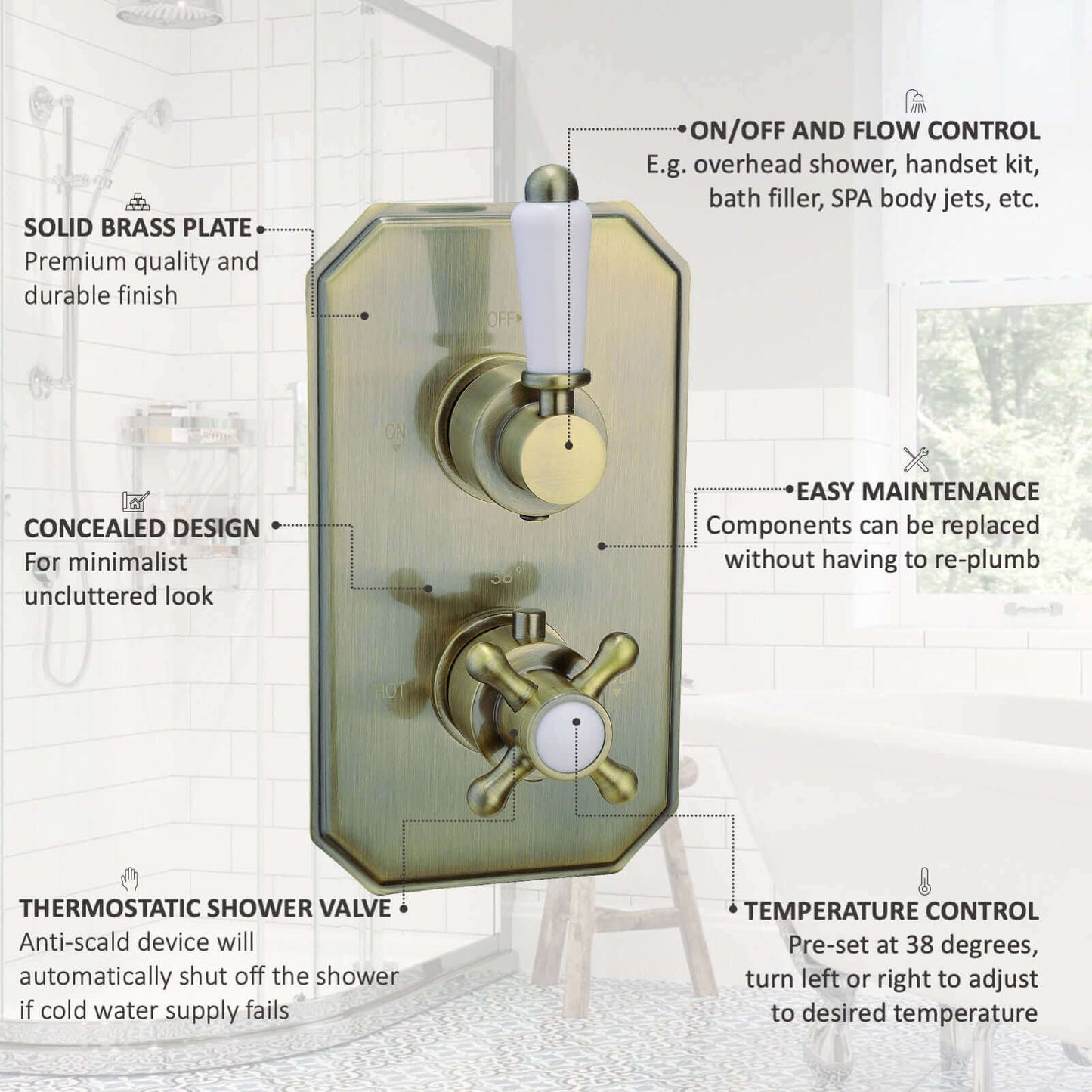 Buy Regent Traditional Crosshead And White Lever Concealed Thermostatic Shower Set Wall Fixed 8" Shower Head - Antique Brass (1 Outlet) Online UK | HOUSE OF ENKI