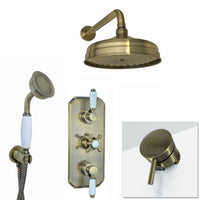 Regent Traditional Crosshead And White Lever Concealed Thermostatic Shower Set Incl. Triple Diverter Valve, Wall Fixed 8" Shower Head, Handshower Kit, Bath Filler Waste with Overflow - Antique Bronze (3 Outlet)