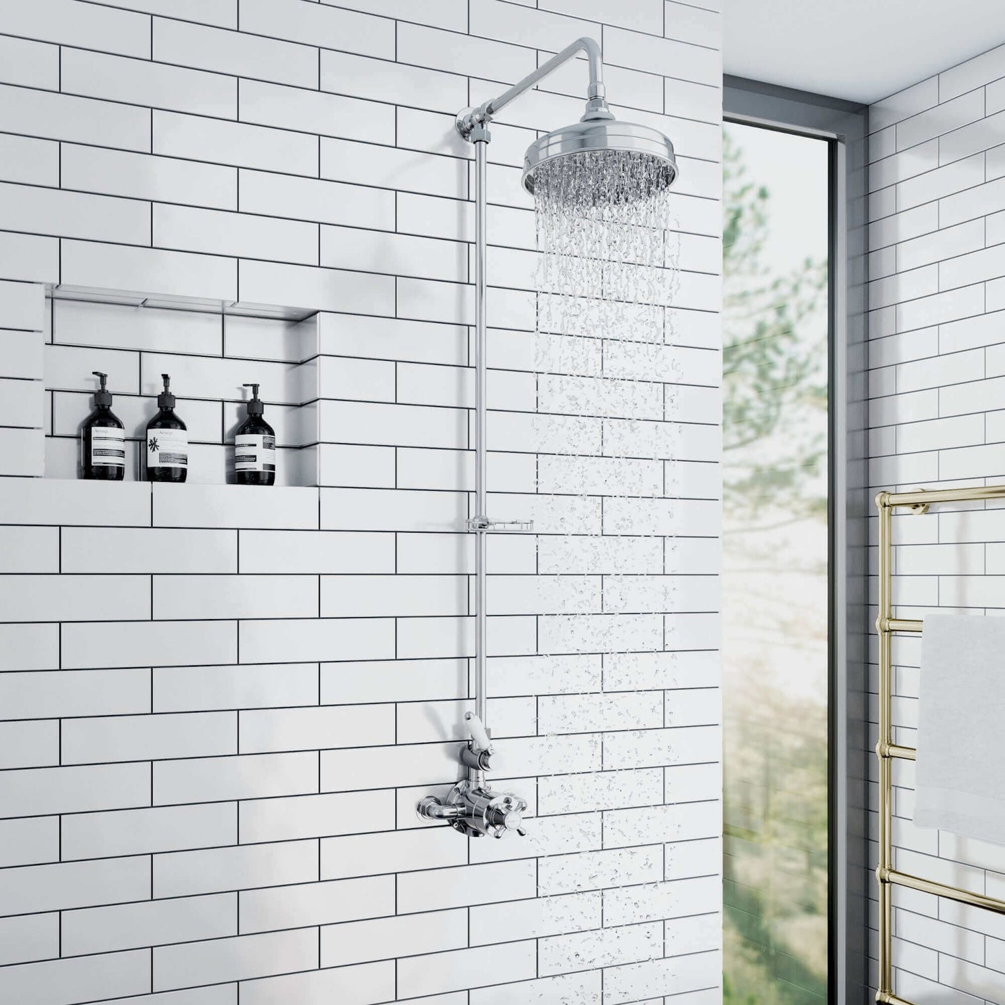 Buy Downton Exposed Traditional Thermostatic Shower Set Single Outlet Incl. Twin Shower Valve, Rigid Riser Rail, 200mm Shower Head & Caddy - Chrome Online UK | HOUSE OF ENKI
