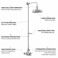 Buy Downton Exposed Traditional Thermostatic Shower Set Single Outlet Incl. Twin Shower Valve, Rigid Riser Rail, 200mm Shower Head & Caddy - Chrome Online UK | HOUSE OF ENKI
