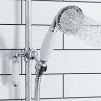 Downton Exposed Traditional Thermostatic Shower Set 2 Outlet, Incl. Triple Shower Valve, Rigid Riser Rail, 200mm Shower Head & Ceramic Handset - Chrome And White - Showers