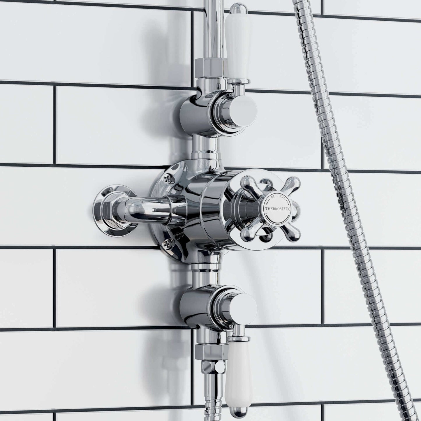 Buy Downton Exposed Traditional Thermostatic Shower Set 2 Outlet, Incl. Triple Shower Valve, Rigid Riser Rail, 200mm Shower Head & Ceramic Handset - Chrome Online UK | HOUSE OF ENKI