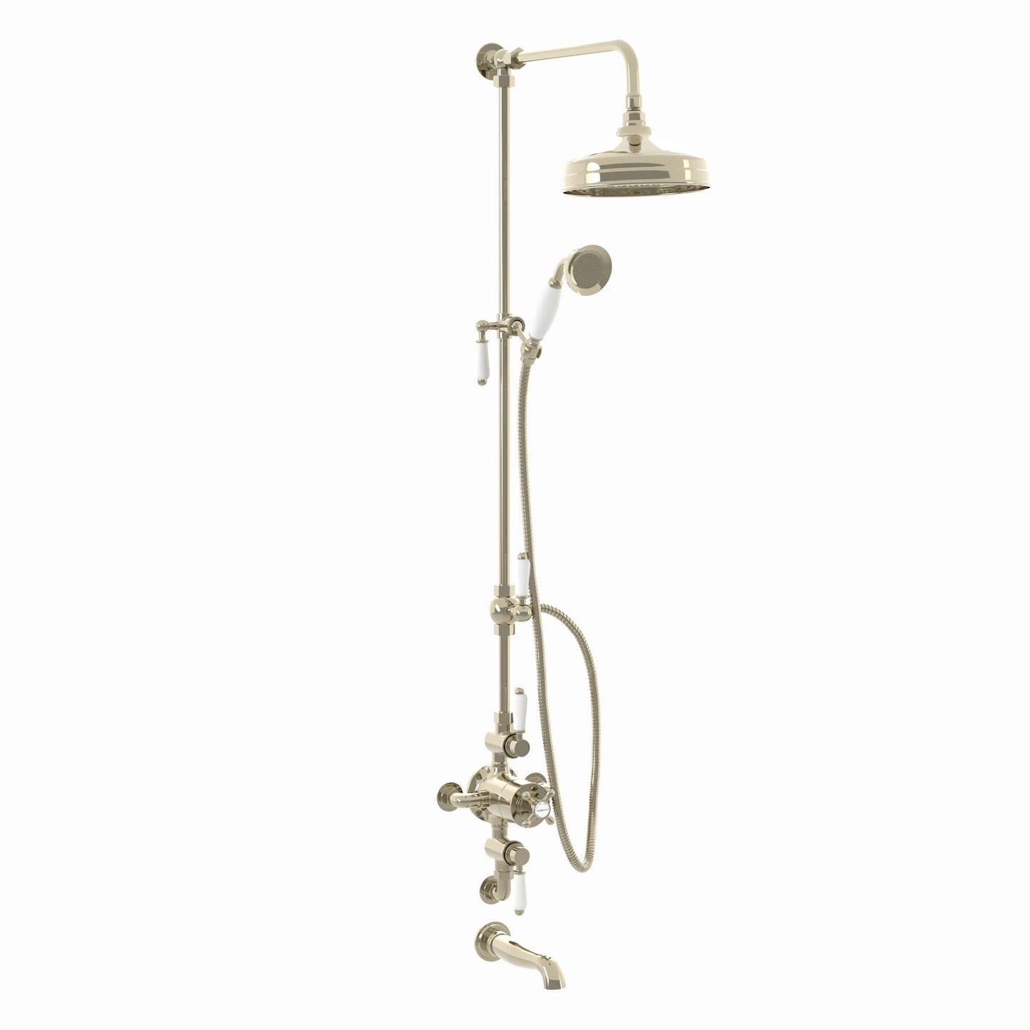 Buy Downton Exposed Traditional Thermostatic Shower Set 3 Outlet, Incl. Triple Shower Valve, Rigid Riser Rail, 200mm Shower Head, Handset & Bath Filler - Gold Online UK | HOUSE OF ENKI