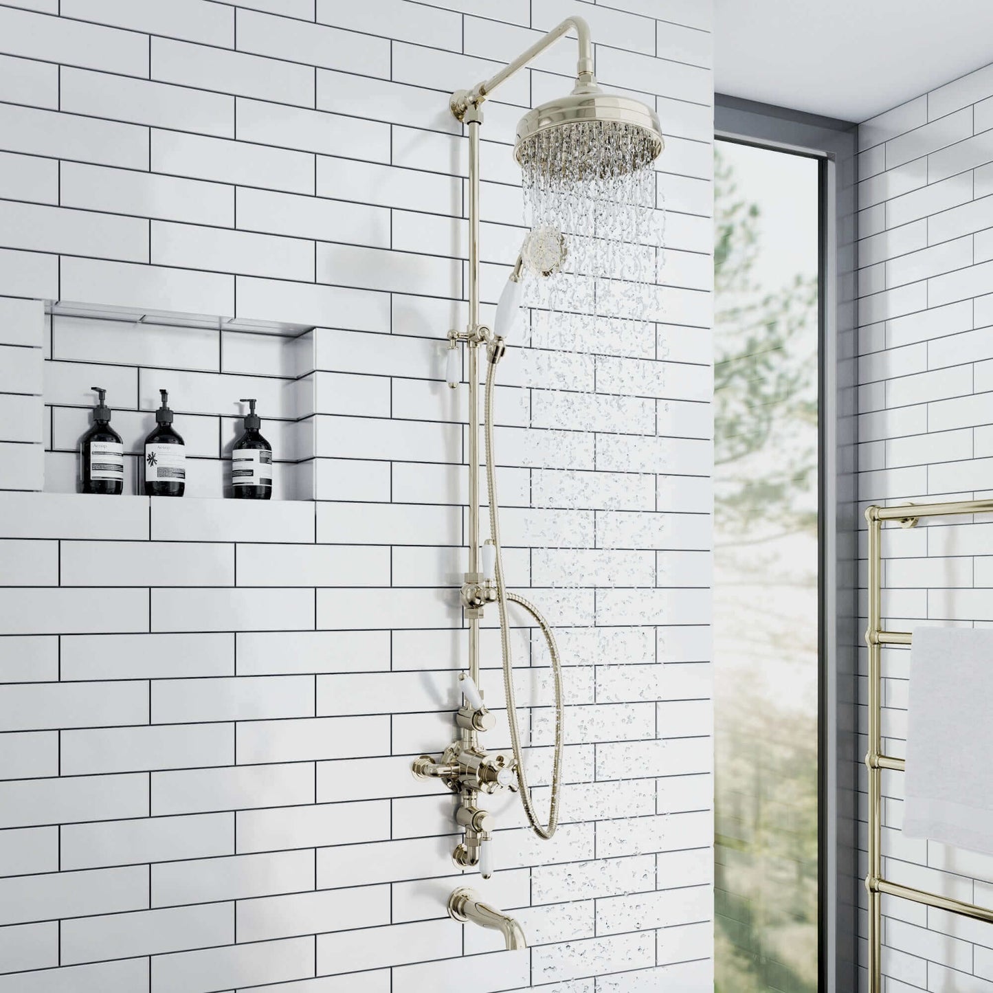 Buy Downton Exposed Traditional Thermostatic Shower Set 3 Outlet, Incl. Triple Shower Valve, Rigid Riser Rail, 200mm Shower Head, Handset & Bath Filler - Gold Online UK | HOUSE OF ENKI
