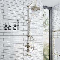 Buy Downton Exposed Traditional Thermostatic Shower Set 3 Outlet, Incl. Triple Shower Valve, Rigid Riser Rail, 200mm Shower Head, Handset & Bath Filler - Gold Online UK | HOUSE OF ENKI