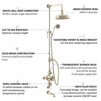 Buy Downton Exposed Traditional Thermostatic Shower Set 3 Outlet, Incl. Triple Shower Valve, Rigid Riser Rail, 200mm Shower Head, Handset & Bath Filler - Gold Online UK | HOUSE OF ENKI
