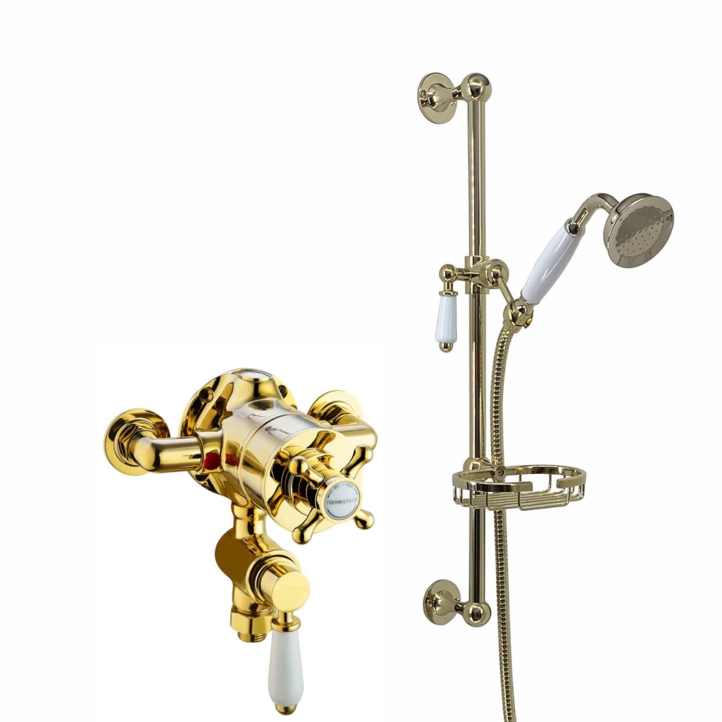 Buy Downton Exposed Traditional Thermostatic Shower Set Incl. Twin Shower Valve And Slider Rail Kit, Soap Holder - Gold Online UK | HOUSE OF ENKI