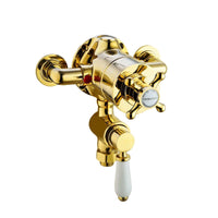 Buy Downton Exposed Traditional Thermostatic Shower Set Incl. Twin Shower Valve And Slider Rail Kit, Soap Holder - Gold Online UK | HOUSE OF ENKI