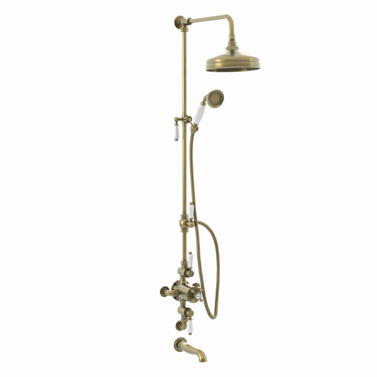 Buy Downton Exposed Traditional Thermostatic Shower Set 3 Outlet, Incl. Triple Shower Valve, Rigid Riser Rail, 200mm Shower Head, Handset & Bath Filler - Antique Brass Online UK | HOUSE OF ENKI