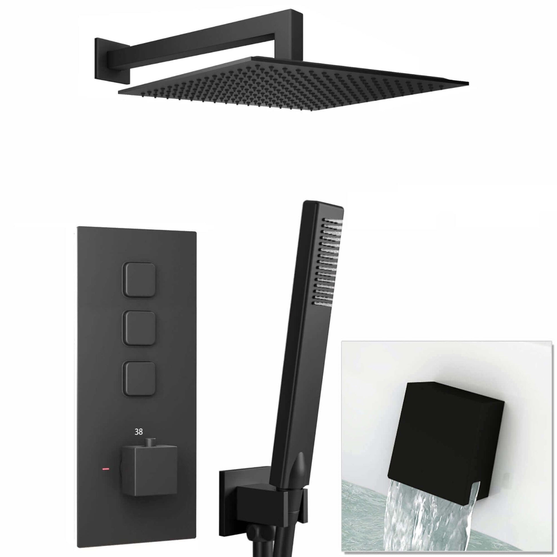 Buy Milan Square Thermostatic Concealed Shower Set with Bath Filler, Wall Overhead Shower, Handset Kit - Black Online UK | HOUSE OF ENKI