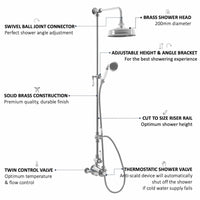 Buy Downton Exposed Traditional Thermostatic Shower Set 2 Outlet Incl. Twin Shower Valve With Diverter, Rigid Riser Rail, 200mm Shower Head & Ceramic Handset - Chrome Online UK | HOUSE OF ENKI