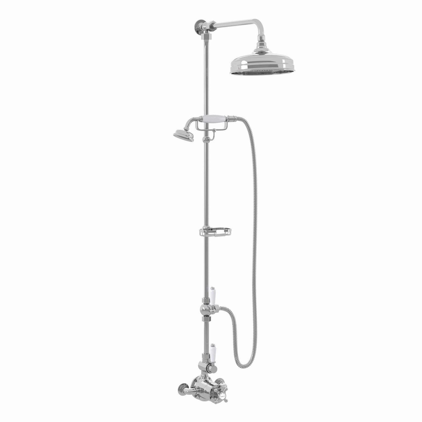 Downton Exposed Traditional Thermostatic Shower Set 2 Outlet Incl. Twin Shower Valve With Diverter, Rigid Riser Rail, 200mm Shower Head, Telephone Style Ceramic Handset & Caddy - Chrome And White - Showers