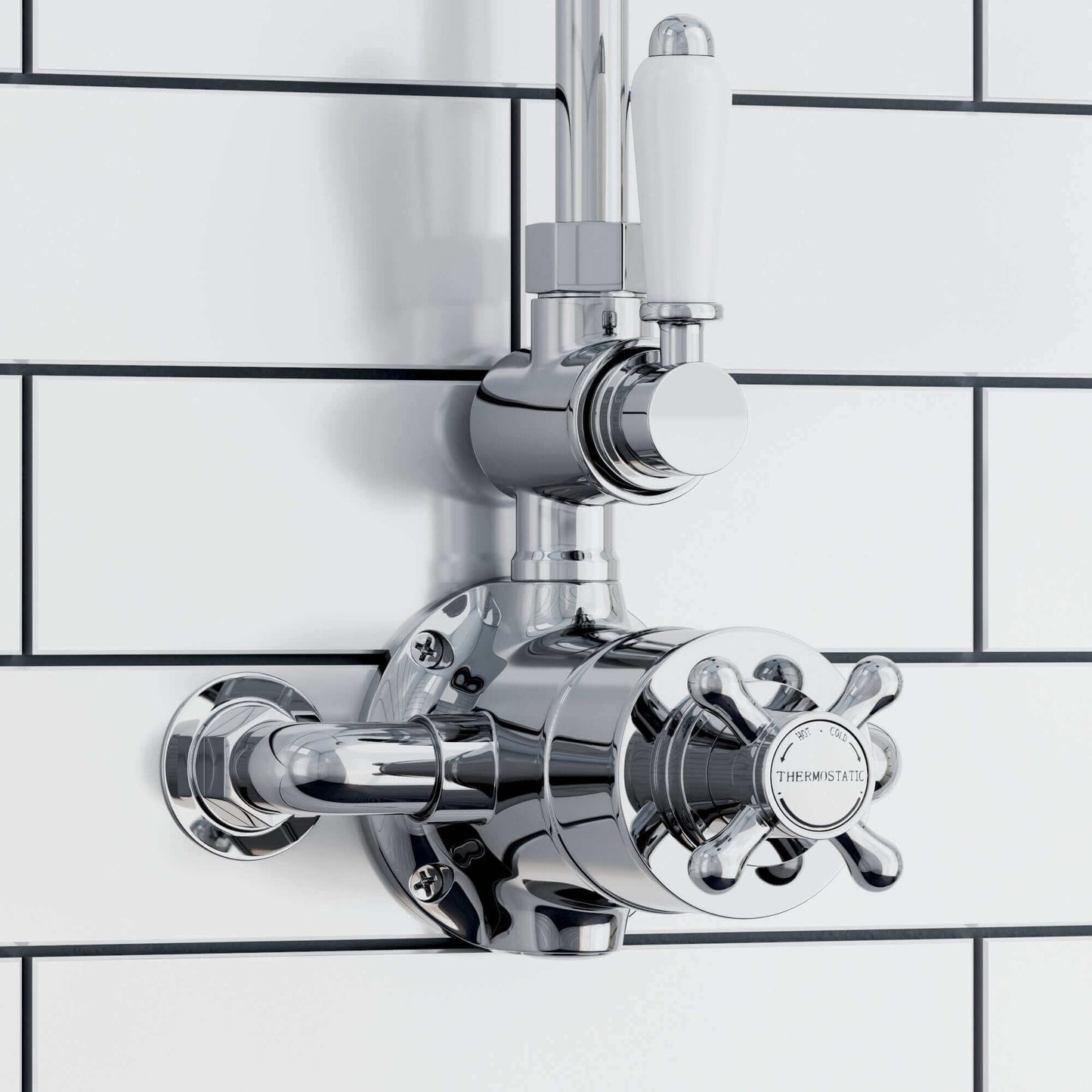 Buy Downton Exposed Traditional Thermostatic Shower Set 2 Outlet Incl. Twin Shower Valve With Diverter, Rigid Riser Rail, 200mm Shower Head, Telephone Style Ceramic Handset & Caddy - Chrome Online UK | HOUSE OF ENKI