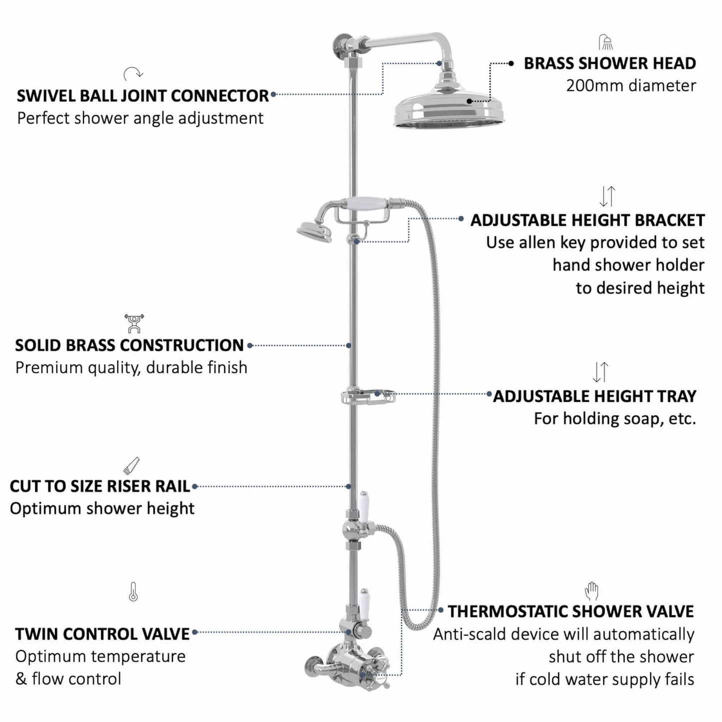 Buy Downton Exposed Traditional Thermostatic Shower Set 2 Outlet Incl. Twin Shower Valve With Diverter, Rigid Riser Rail, 200mm Shower Head, Telephone Style Ceramic Handset & Caddy - Chrome Online UK | HOUSE OF ENKI