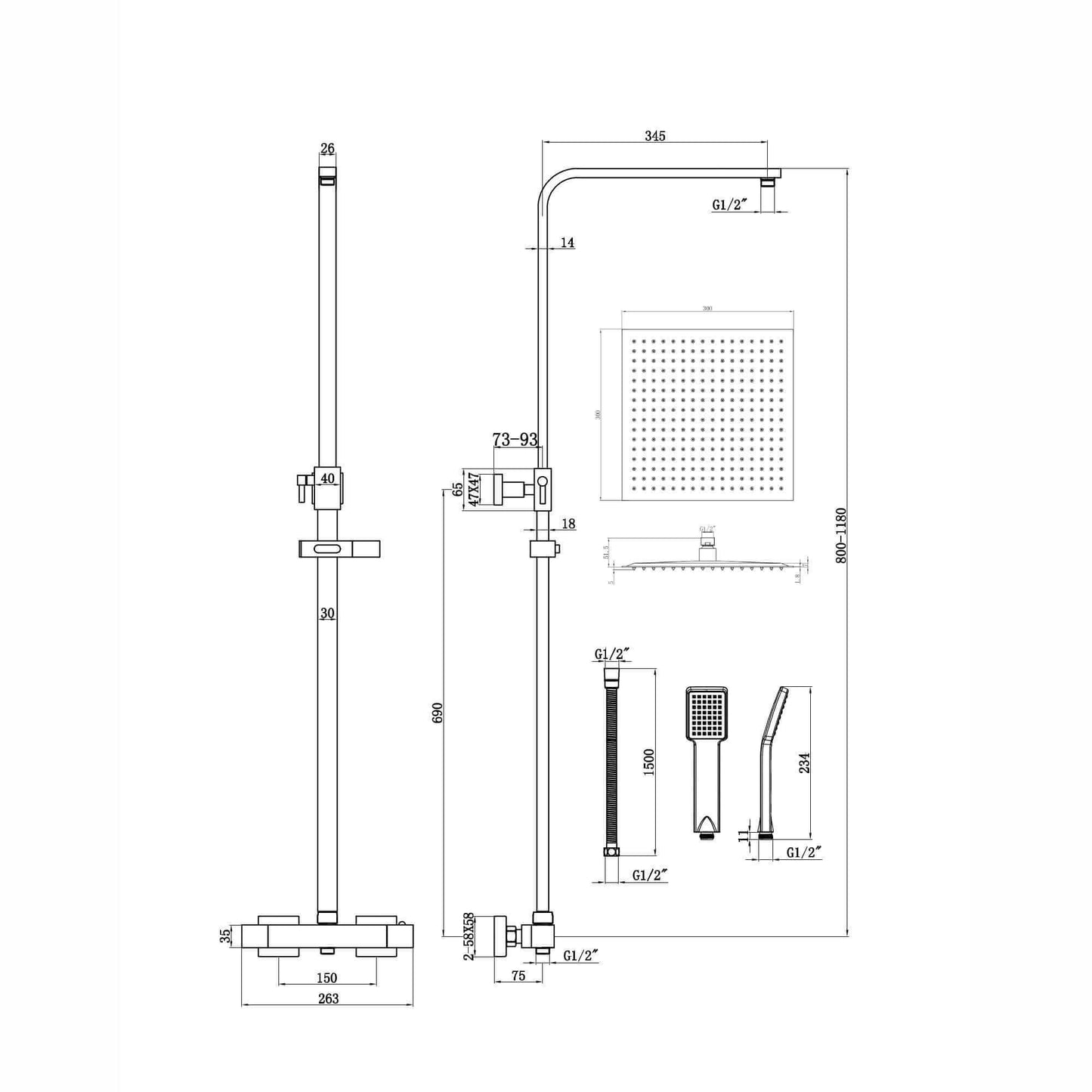 Buy Enzo square thermostatic shower set two outlet with ultra slim 300mm shower head and handheld - matt black Online UK | HOUSE OF ENKI