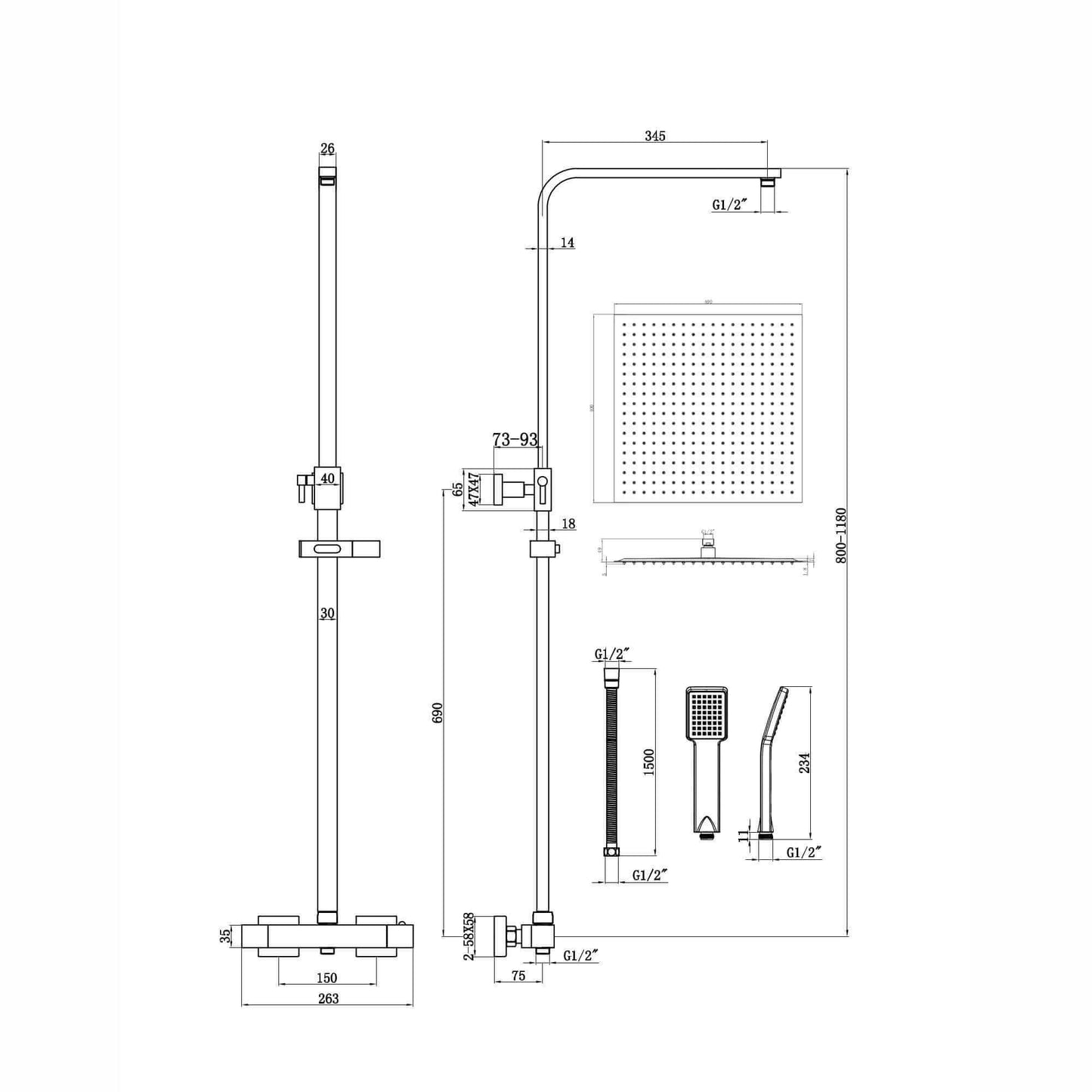 Buy Enzo square thermostatic shower set two outlet with ultra slim 400mm shower head and handheld - matt black Online UK | HOUSE OF ENKI