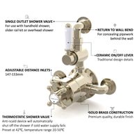 Downton Traditional Twin Thermostatic Shower Valve Exposed With Top Return To Wall Bend - Gold