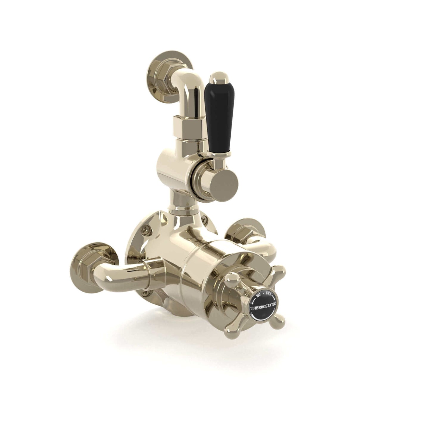 Buy Downton traditional twin thermostatic shower valve semi-exposed - gold with black lever Online UK | HOUSE OF ENKI