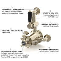 Downton Traditional Twin Thermostatic Shower Valve Exposed With Top Return To Wall Bend - Gold With Black Levers