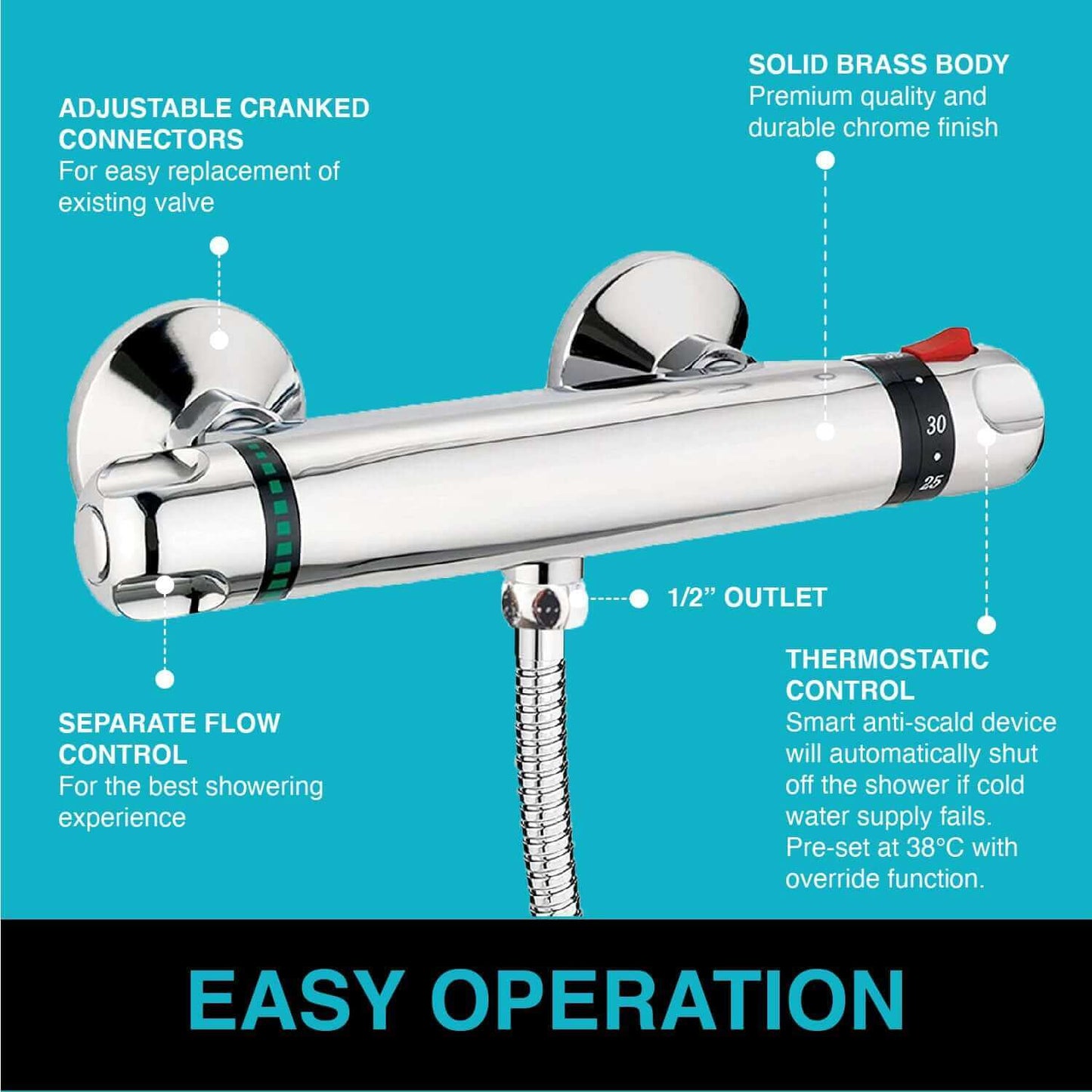 Buy Luna standard thermostatic bar shower valve bottom outlet - chrome Online UK | HOUSE OF ENKI