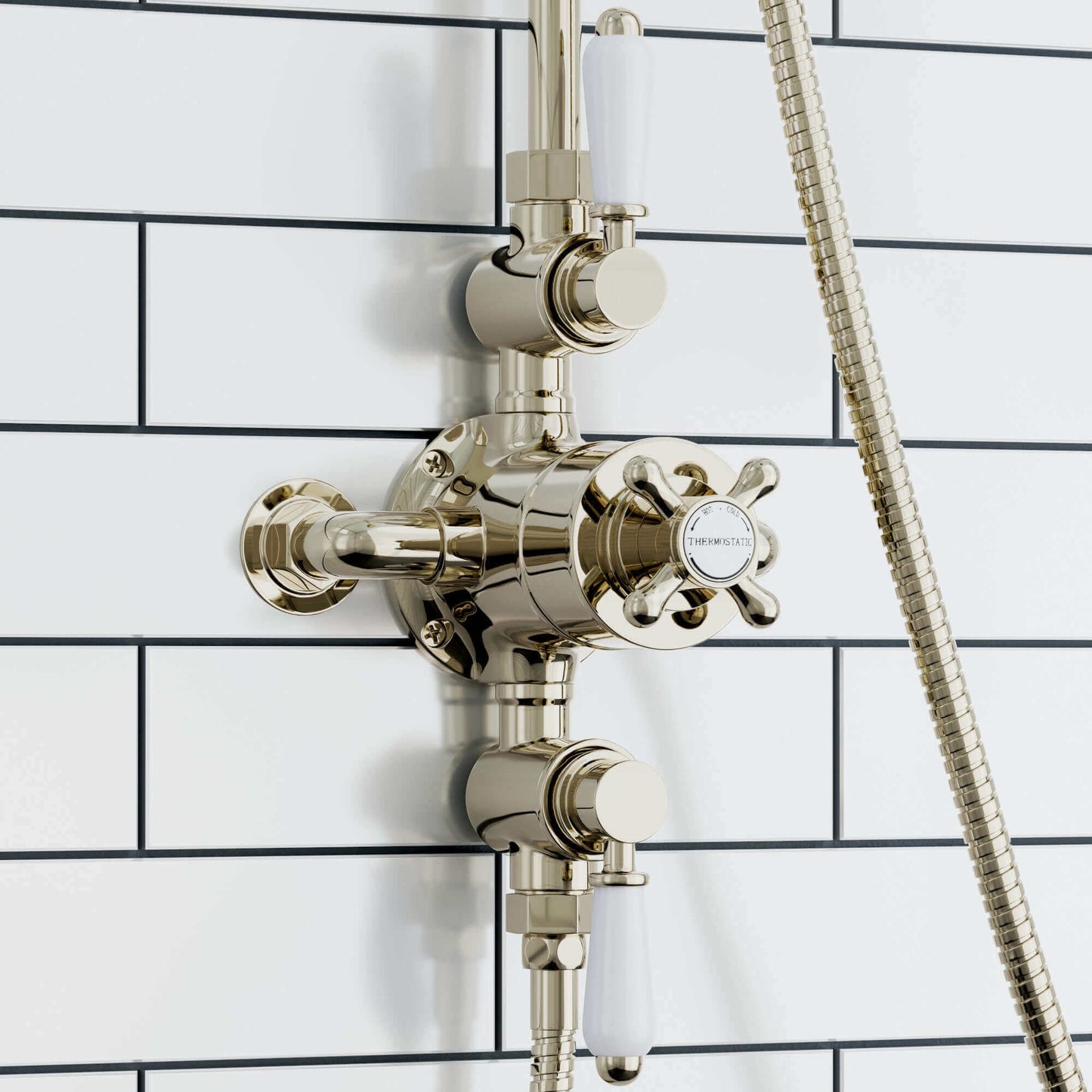 Buy Downton traditional triple thermostatic shower valve two outlet - gold Online UK | HOUSE OF ENKI
