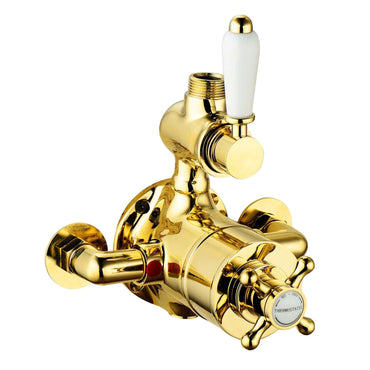 Buy Downton traditional twin thermostatic shower valve exposed 3/4" top outlet - gold Online UK | HOUSE OF ENKI