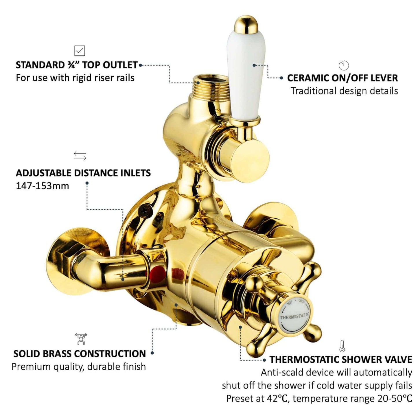 Buy Downton traditional twin thermostatic shower valve exposed 3/4" top outlet - gold Online UK | HOUSE OF ENKI