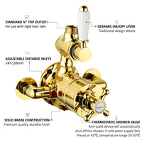 Buy Downton traditional twin thermostatic shower valve exposed 3/4" top outlet - gold Online UK | HOUSE OF ENKI