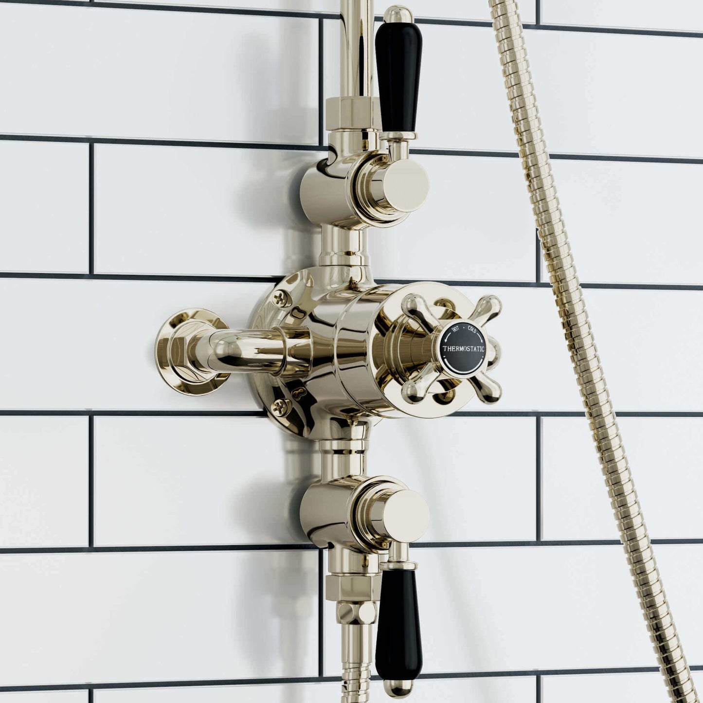 Buy Downton traditional triple thermostatic shower valve two outlet - gold & black Online UK | HOUSE OF ENKI