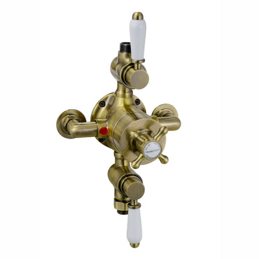 Buy Downton traditional triple thermostatic shower valve two outlet - antique brass Online UK | HOUSE OF ENKI