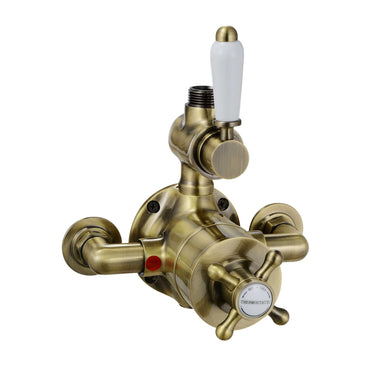 Buy Downton traditional twin thermostatic shower valve exposed 3/4" top outlet - antique brass Online UK | HOUSE OF ENKI