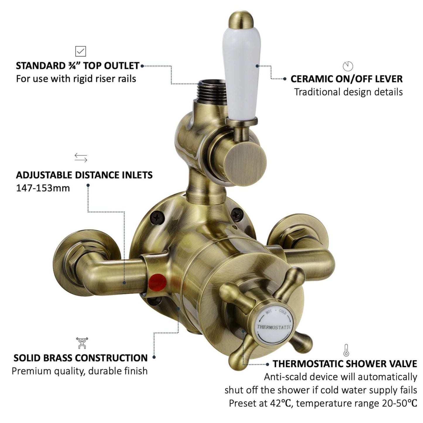 Buy Downton traditional twin thermostatic shower valve exposed 3/4" top outlet - antique brass Online UK | HOUSE OF ENKI