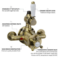Buy Downton traditional twin thermostatic shower valve exposed 3/4" top outlet - antique brass Online UK | HOUSE OF ENKI