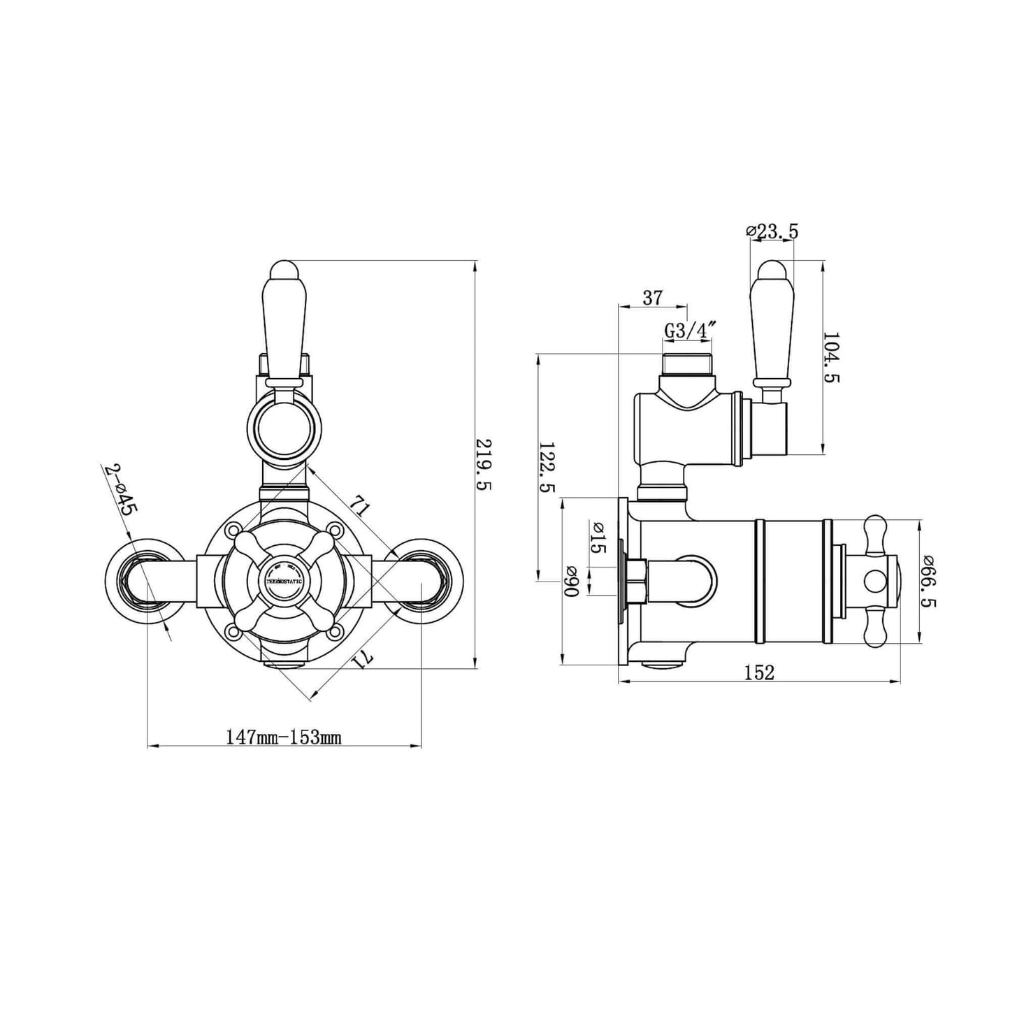 Buy Downton traditional twin thermostatic shower valve exposed 3/4" top outlet - antique brass Online UK | HOUSE OF ENKI