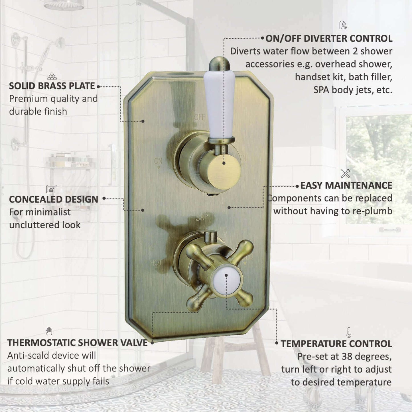 Buy Regent traditional crosshead and lever concealed thermostatic twin shower valve with 2 outlets - antique brass Online UK | HOUSE OF ENKI