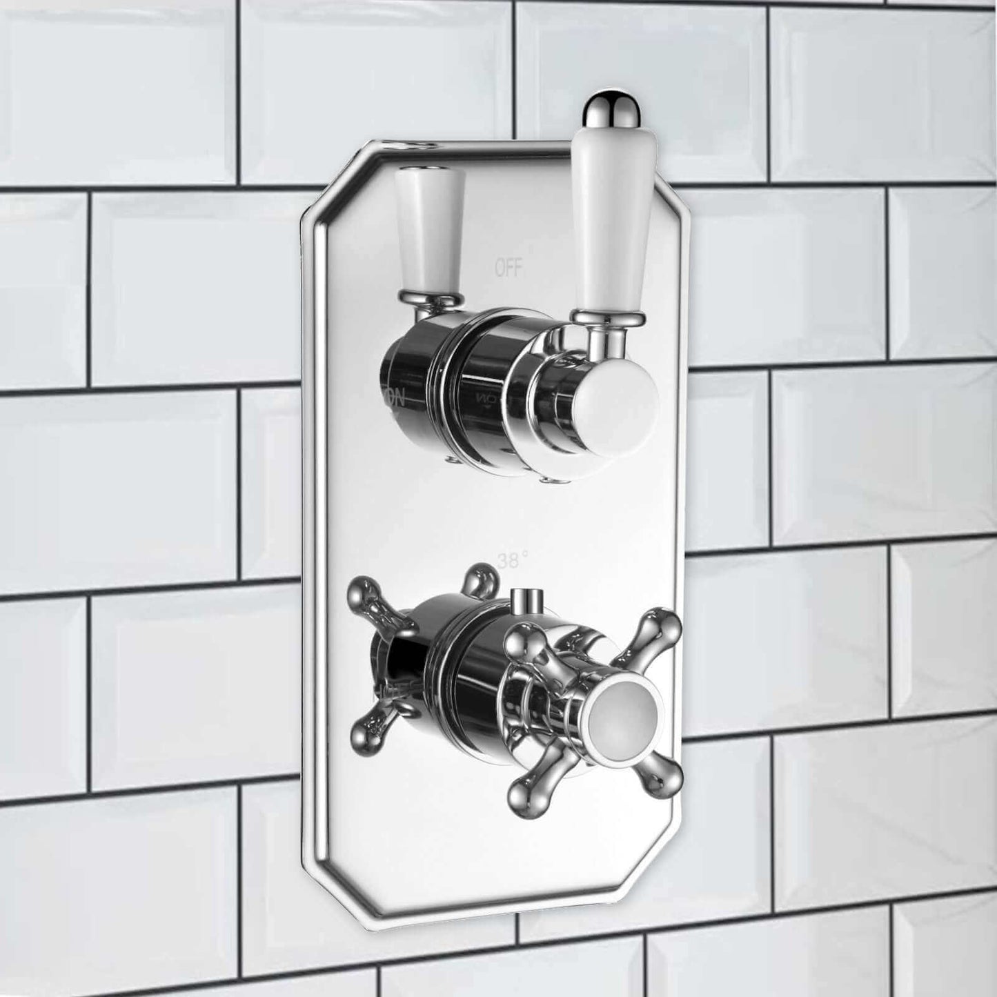 Buy Regent traditional crosshead and white lever concealed thermostatic twin shower valve with 2 outlets - chrome Online UK | HOUSE OF ENKI