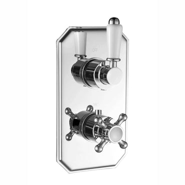 Buy Regent traditional crosshead and white lever concealed thermostatic twin shower valve with 2 outlets - chrome Online UK | HOUSE OF ENKI