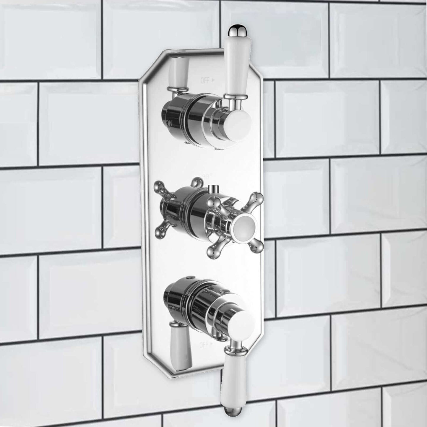 Buy Regent traditional crosshead and white lever concealed thermostatic triple shower valve with 2 outlets - chrome Online UK | HOUSE OF ENKI