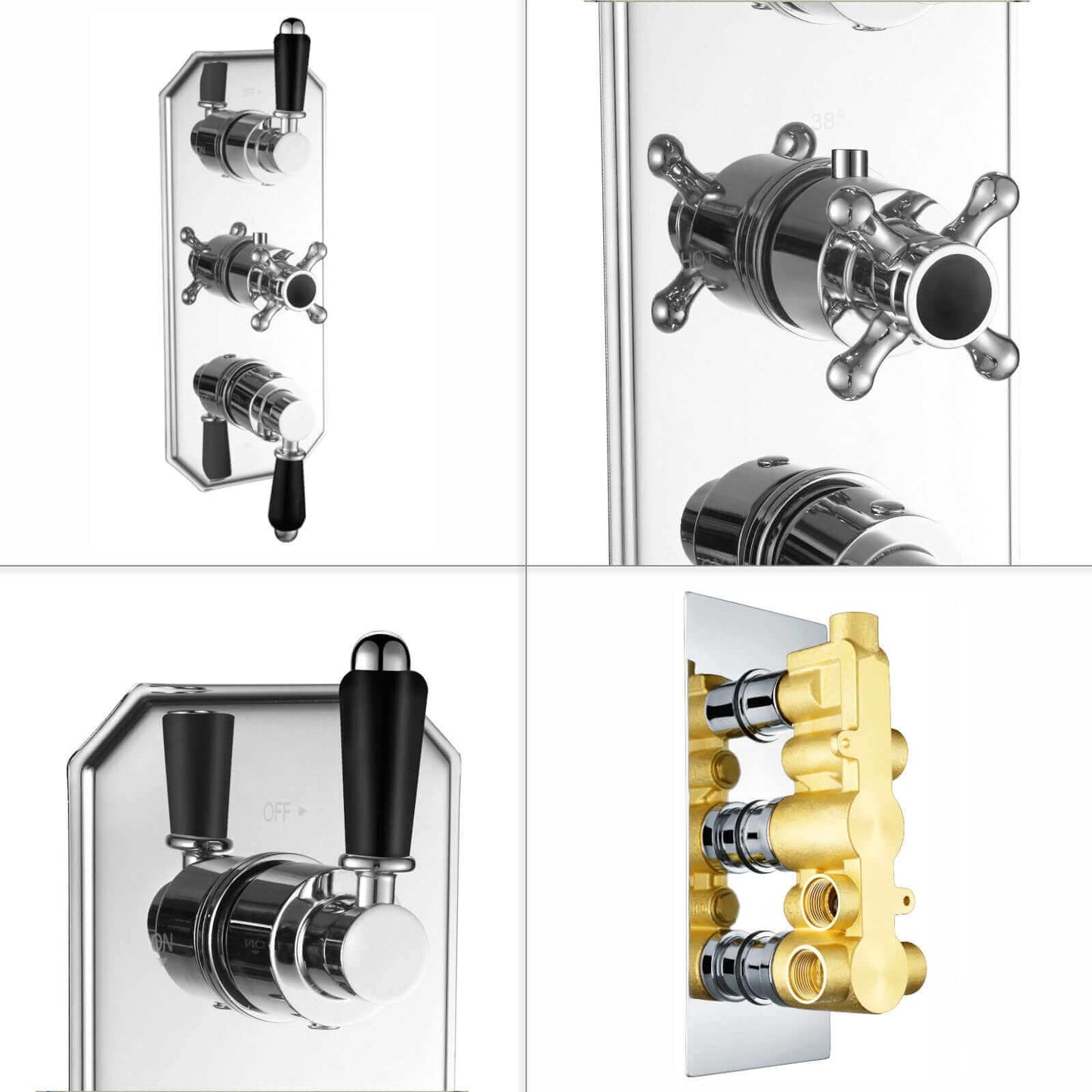 Buy Regent traditional crosshead and black lever concealed thermostatic triple shower valve with 3 outlets - chrome Online UK | HOUSE OF ENKI
