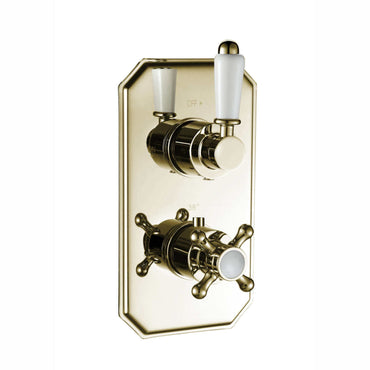 Buy Regent traditional crosshead and white lever concealed thermostatic twin shower valve with 1 outlet - gold Online UK | HOUSE OF ENKI